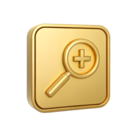Golden 3D Magnifying Glass Plus Icon on Square Button Zoom Search Add Enhance png