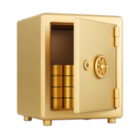 A golden safe with stacks of gold coins inside This image symbolizes wealth security and financial success It's perfect for business finance or investment concepts png