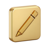 Golden Pencil Icon on Square Button 3D Render Edit Write Design png