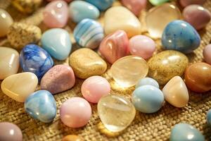 A collection of polished stones in various colors including pink, blue, yellow, and white, scattered on a textured beige surface photo