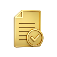 3D Golden Document Icon with Check Mark Approved Completed Success Validation png