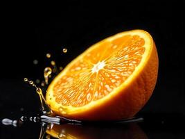 A half orange with juice splashing on a black reflective surface, dark background photo