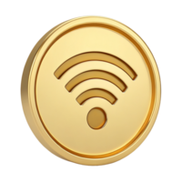 Golden Wireless Signal Icon 3D Render of Wifi Symbol on Circular Badge png
