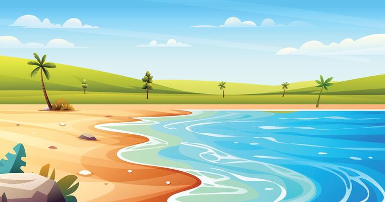 Sunny beach with palm trees, sand, and blue ocean on a sunny day. Cartoon illustration