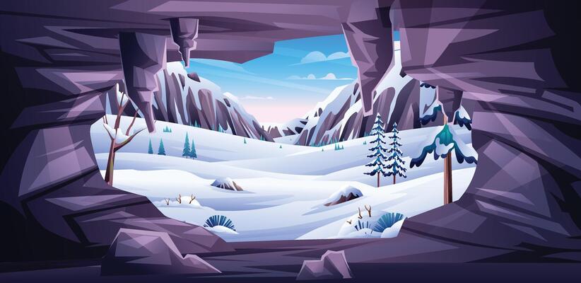 Snowy valley seen from inside a rocky cave with pine trees and winter hills. Cartoon illustration