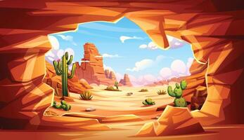 Desert with red rocks, cactus and cliffs seen from inside a cave with wide open view. Cartoon illustration vector