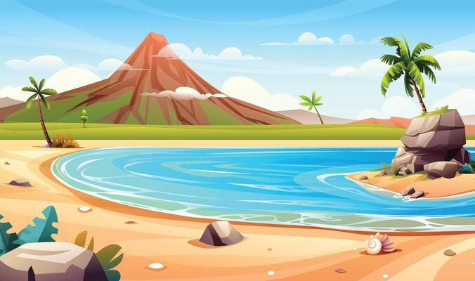 Tropical beach with a mountain, palm trees, and blue sea under a bright sky. Cartoon illustration