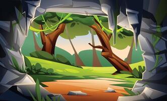 Jungle view with trees and path viewed from a rocky cave. Cartoon illustration vector