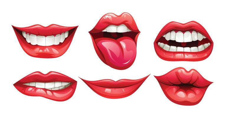 Set of different lip expressions showcasing teeth, tongue, and mouth poses. Cartoon illustration