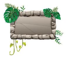 Rectangular jungle stone board with arranged rocks, vines and tropical leaves. Cartoon illustration vector