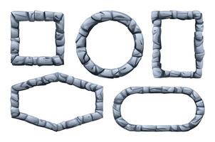 Set of stone frame made of jagged stone pieces in various shapes including square, circular, and rectangular with rough edges. Cartoon illustration vector