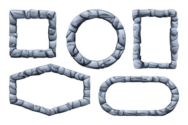 Set of stone frame made of jagged stone pieces in various shapes including square, circular, and rectangular with rough edges. Cartoon illustration