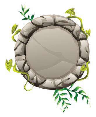 Round jungle stone frame with decorative vines and foliage border. Cartoon illustration