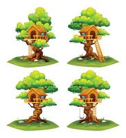Set of charming tree houses with different features like a swing, ladder, and open space in nature. Cartoon illustration vector