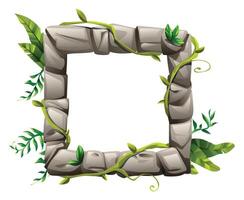 Square jungle frame of stones with green vines wrapping the edges. Cartoon illustration vector