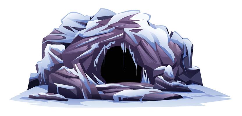 Snowy rocky cave with icicles hanging from the roof, surrounded by ice and snow. Cartoon illustration