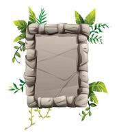 Vertical stone sign with rectangular frame and tropical foliage around. Cartoon illustration vector