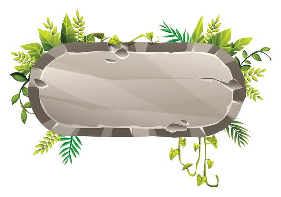 Rounded rectangular stone sign with cracks and tropical leaves for jungle theme. Cartoon illustration