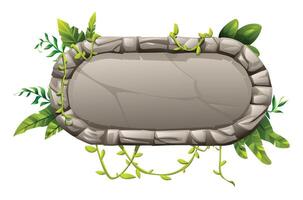 Rounded rectangular stone frame with layered rocks, green vines, and jungle leaves in cartoon style. Cartoon illustration vector