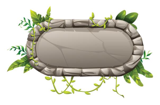 Rounded rectangular stone frame with layered rocks, green vines, and jungle leaves in cartoon style. Cartoon illustration