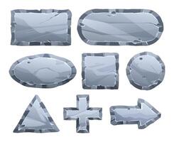 Collection of stone board in multiple shapes including geometric and symbolic elements. Stone banner element for game and web. Ui or gui design element. Cartoon illustration vector