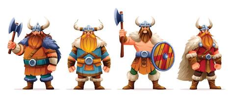 Set of Viking warriors with different weapons and attire, including axes and shields. Cartoon character illustration vector