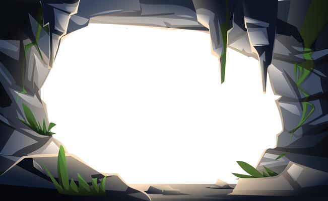 Cave with jungle plants and green foliage framing a blank white space. Cartoon illustration