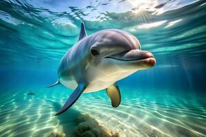 A dolphin swimming in the ocean, sun rays shining through the water, sandy bottom with rocks and seaweed photo