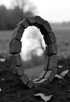 A black and white photo of a brick archway in a field, with a tree in the background