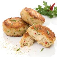 Three crab cakes with herbs and spices on a white plate, one of them is cut in half, parsley and red pepper in the background photo