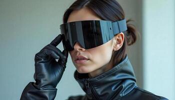 a person wearing a futuristic, black, high-tech mask with a shiny, reflective surface. They are dressed in a black leather jacket with a high collar and a zipper. photo