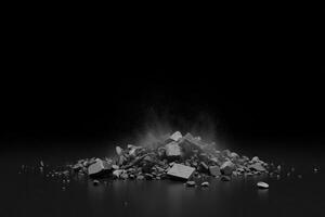 A pile of gray rocks and dust in a black background photo