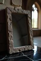 A stone framed mirror with a rough texture, reflecting a blurred room with a window, creating a vintage and artistic effect photo