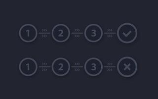 progress bar, steps, positive and negative outcome, dark design vector