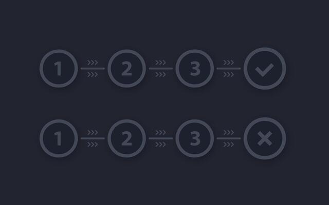 progress bar, steps, positive and negative outcome, dark design