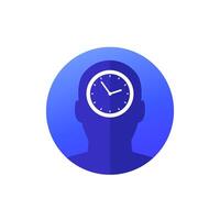 patience icon with clock and a head, round blue design vector