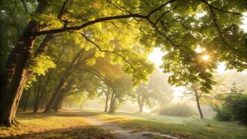 Beams of golden sunlight filtering through the dense leaves of a forest canopy, casting soft, dappled shadows below photo
