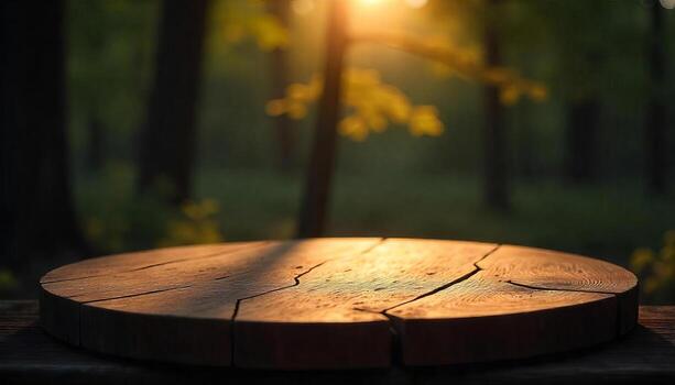 A wooden table in a forest, sunlight shining through the trees, creating a warm and inviting atmosphere, the background is blurred, nature photo