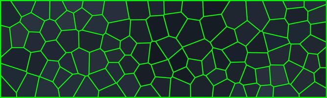 Abstract dark background with irregular polygon shapes outlined in bright neon green lines, forming a digital grid pattern. vector
