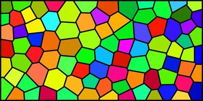 A vibrant mosaic of multicolored polygonal shapes outlined in black, resembling stained glass or a digital geometric pattern full of energy and contrast. vector