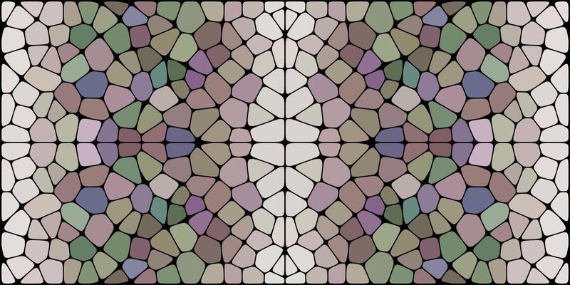 Symmetrical abstract pattern of multicolored irregular shapes outlined in black, resembling a mosaic or stained glass with mirrored layout.