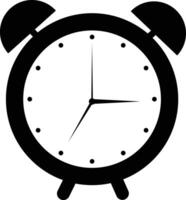 An alarm clock is shown in black and white vector