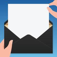 Hands open mail envelope blank sheet paper for text template illustration flat design. vector