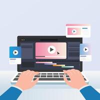 editor working on laptop keyboard, editing interface, social media, movie editing vector