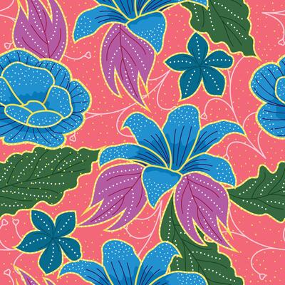 seamless batik pattern on a pink background, accented with gold detailing. The design evokes a rich, rustic, and elegant mood
