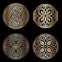 Round golden ornaments in celtic style on black background for luxury branding and design vector