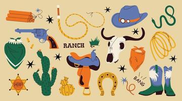 Wild west set. Various objects. Cowboy theme. Cute set of cowboy elements with cactus hat whip snake boots skull horseshoe saddle revolver. Hand drawn colored set. All elements are isolated vector
