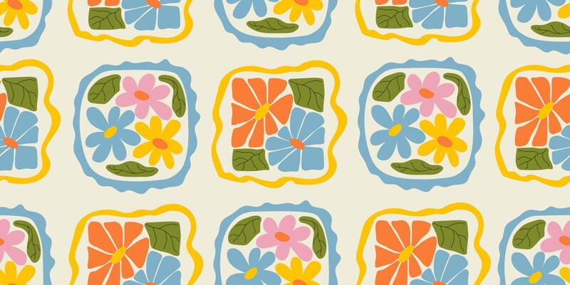 Abstract Seamless Pattern with Daisy Flowers. Trippy Floral Backgound in Retro Style of 1970. Flower Power Summer Illustration.
