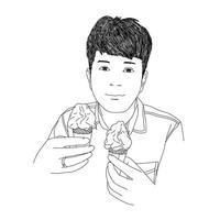 Illustration of a nice man holding to ice cream cone with a smile design black line art vector