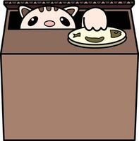 Colored cute cat inside a cardboard box with fish button toy with outline illustration vector
